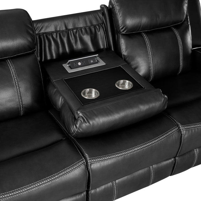 Littleton Double Reclining Sofa with Center Drop-Down Cup Holders,Storage Pouch, Receptacles and USB Ports (8516BK-3)