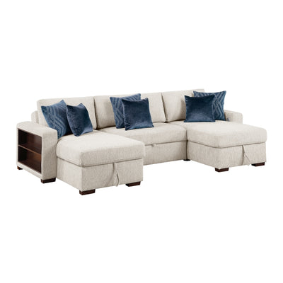 8548BE*4VC15ACLA2 3-Piece Sectional with Two Reversible Chaises, Pull-out Bed, Hidden Storage, Click Motion Back and Two Arms with Shelves and Charging Ports