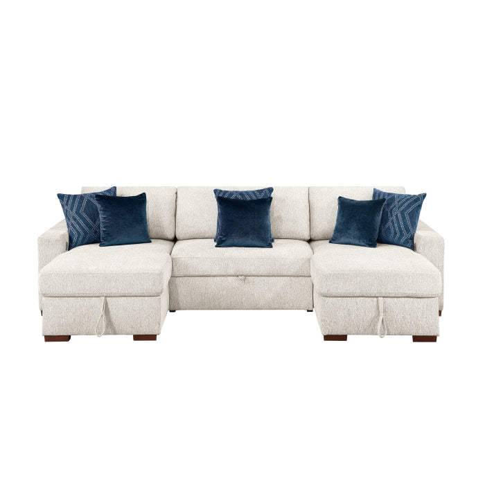 8548BE*4VC15ACLA2 3-Piece Sectional with Two Reversible Chaises, Pull-out Bed, Hidden Storage, Click Motion Back and Two Arms with Shelves and Charging Ports