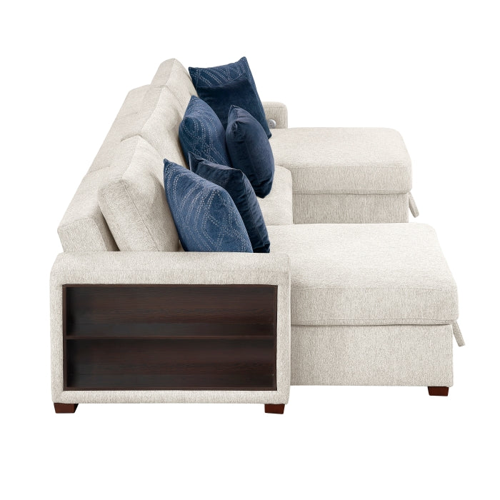 8548BE*4VC15ACLA2 3-Piece Sectional with Two Reversible Chaises, Pull-out Bed, Hidden Storage, Click Motion Back and Two Arms with Shelves and Charging Ports