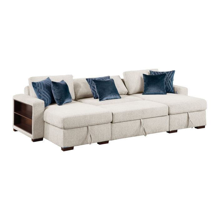8548BE*4VC15ACLA2 3-Piece Sectional with Two Reversible Chaises, Pull-out Bed, Hidden Storage, Click Motion Back and Two Arms with Shelves and Charging Ports