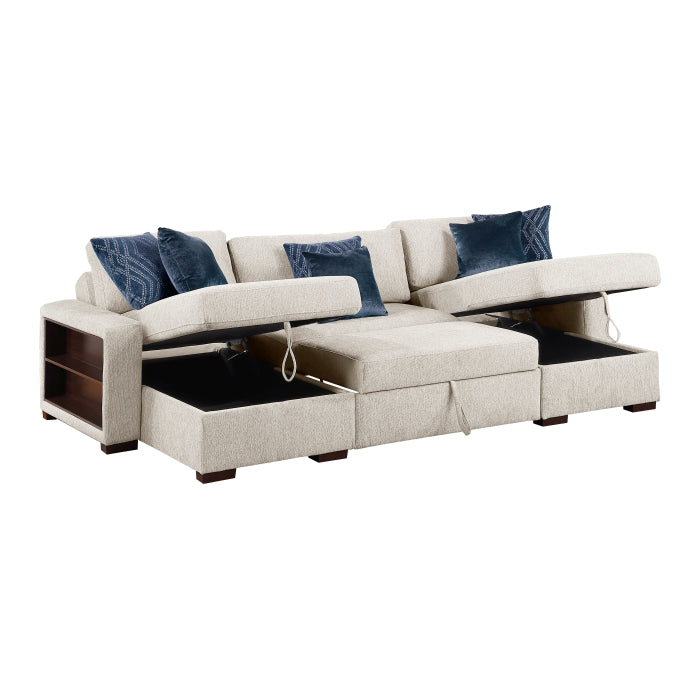 8548BE*4VC15ACLA2 3-Piece Sectional with Two Reversible Chaises, Pull-out Bed, Hidden Storage, Click Motion Back and Two Arms with Shelves and Charging Ports