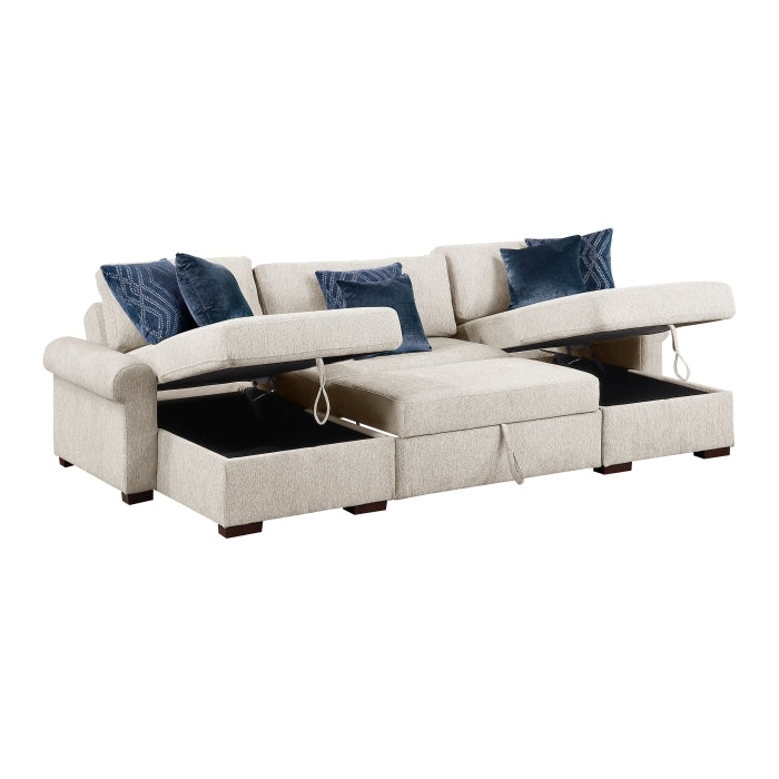 8548BE*4VC15ACLA4 3-Piece Sectional with Two Reversible Chaises, Pull-out Bed, Hidden Storage, Click Motion Back and Two Roll Arms