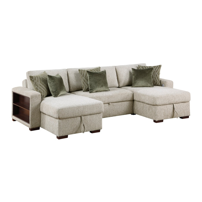 8548*4VC15ACLA2 3-Piece Sectional with Two Reversible Chaises, Pull-out Bed, Hidden Storage, Click Motion Back and Two Arms with Shelves and Charging Ports
