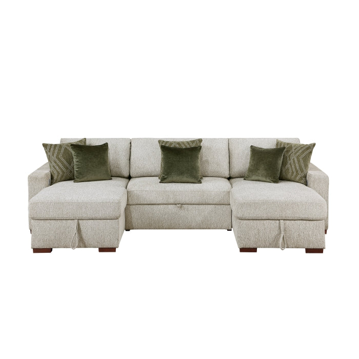 8548*4VC15ACLA2 3-Piece Sectional with Two Reversible Chaises, Pull-out Bed, Hidden Storage, Click Motion Back and Two Arms with Shelves and Charging Ports