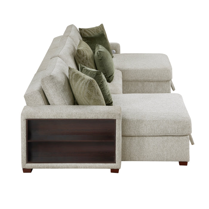 8548*4VC15ACLA2 3-Piece Sectional with Two Reversible Chaises, Pull-out Bed, Hidden Storage, Click Motion Back and Two Arms with Shelves and Charging Ports
