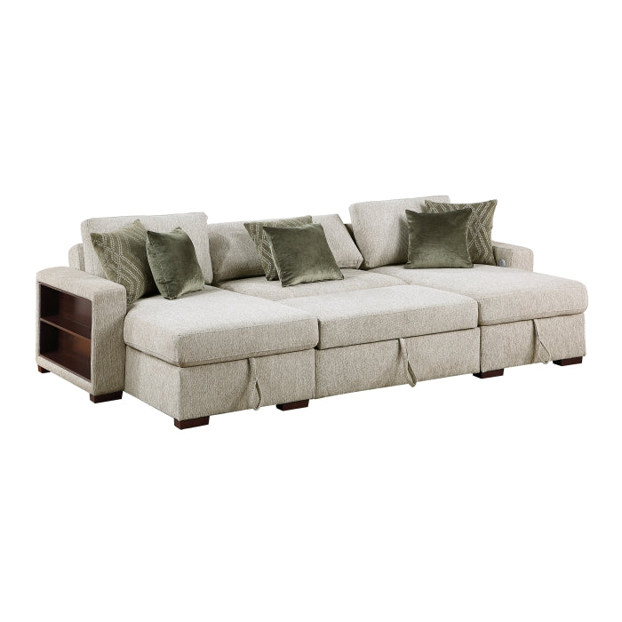 8548*4VC15ACLA2 3-Piece Sectional with Two Reversible Chaises, Pull-out Bed, Hidden Storage, Click Motion Back and Two Arms with Shelves and Charging Ports