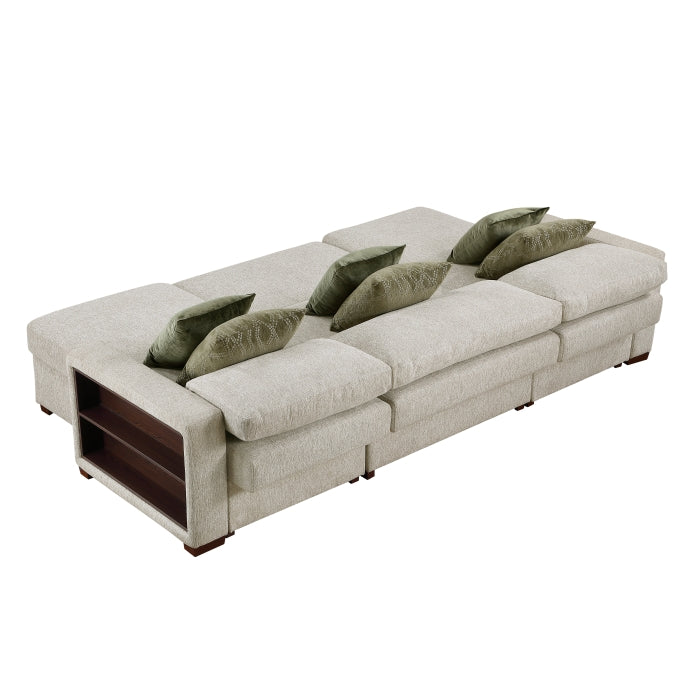 8548*4VC15ACLA2 3-Piece Sectional with Two Reversible Chaises, Pull-out Bed, Hidden Storage, Click Motion Back and Two Arms with Shelves and Charging Ports