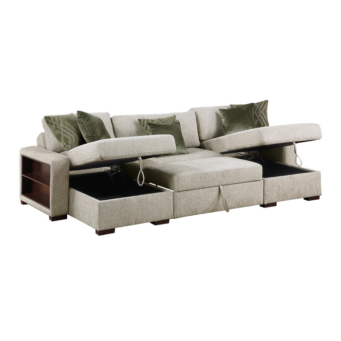 8548*4VC15ACLA2 3-Piece Sectional with Two Reversible Chaises, Pull-out Bed, Hidden Storage, Click Motion Back and Two Arms with Shelves and Charging Ports