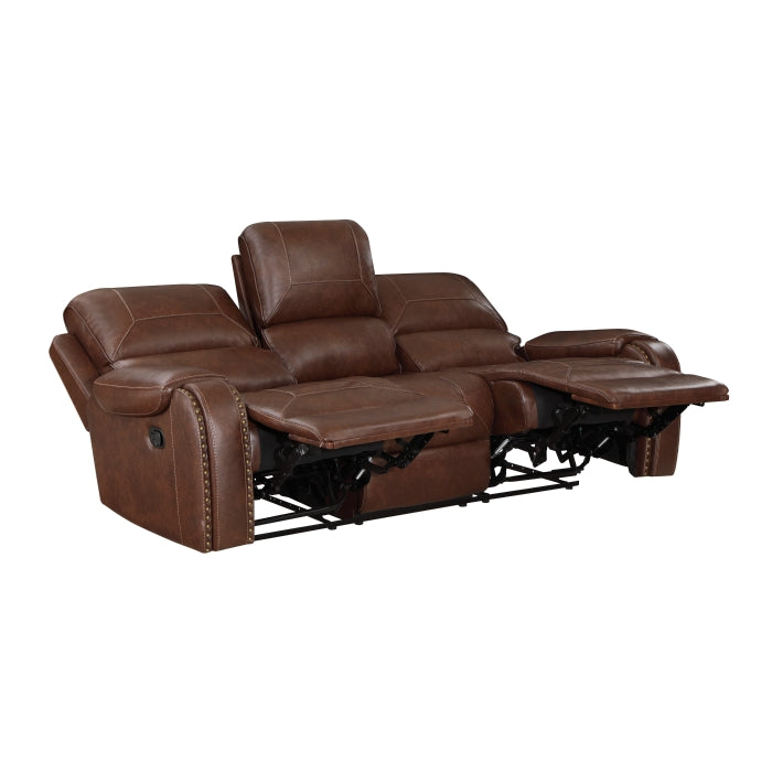 Newnan Double Reclining Sofa with Center Drop-Down Cup Holders, Receptacles and USB Ports (8549BRW-3)