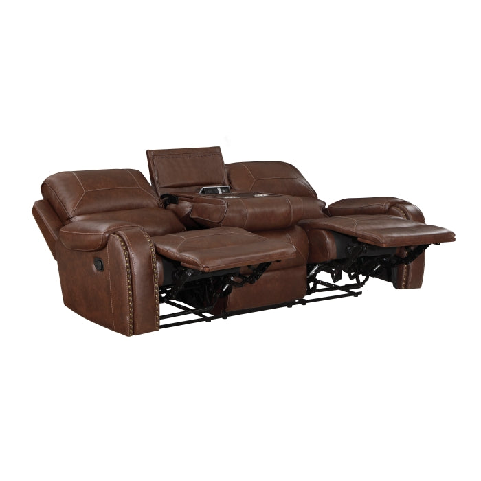 Newnan Double Reclining Sofa with Center Drop-Down Cup Holders, Receptacles and USB Ports (8549BRW-3)