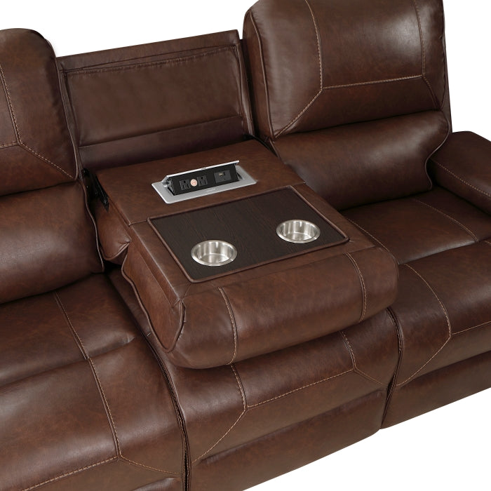 Newnan Double Reclining Sofa with Center Drop-Down Cup Holders, Receptacles and USB Ports (8549BRW-3)