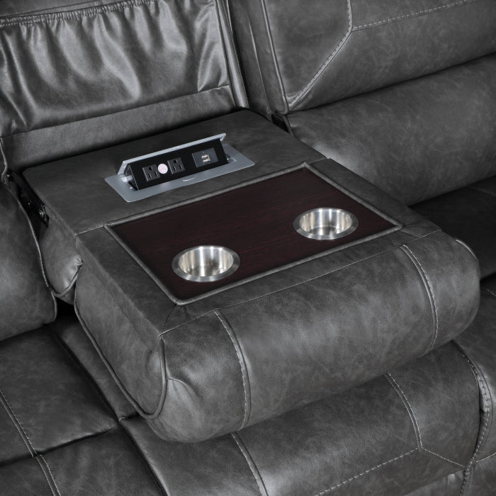 Newnan Double Reclining Sofa with Center Drop-Down Cup Holders, Receptacles and USB Ports (8549GRY-3)