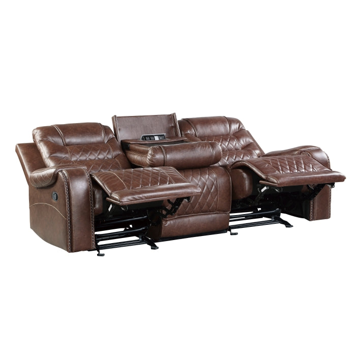 Putnam Double Reclining Sofa with Center Drop-Down Cup Holders, Receptacles and USB Ports (9405BR-3)