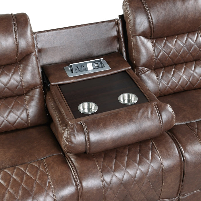 Putnam Double Reclining Sofa with Center Drop-Down Cup Holders, Receptacles and USB Ports (9405BR-3)