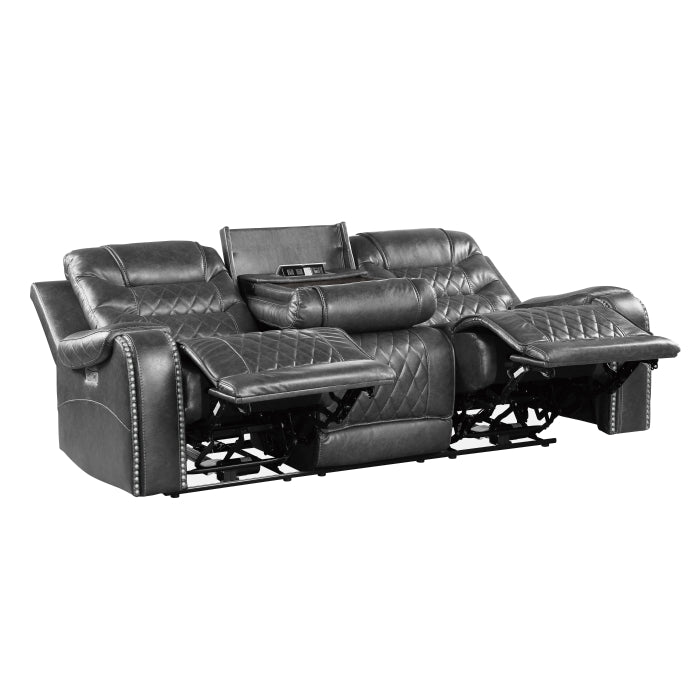 Putnam Power Double Reclining Sofa with Center Drop-Down Cup Holders, Receptacles and USB Ports (9405GY-3PW)