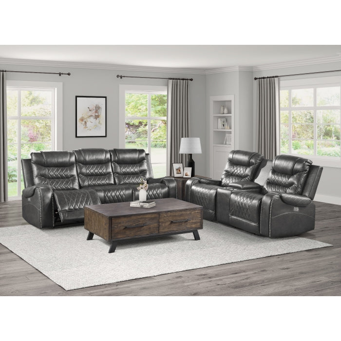 Putnam Power Double Reclining Sofa with Center Drop-Down Cup Holders, Receptacles and USB Ports (9405GY-3PW)