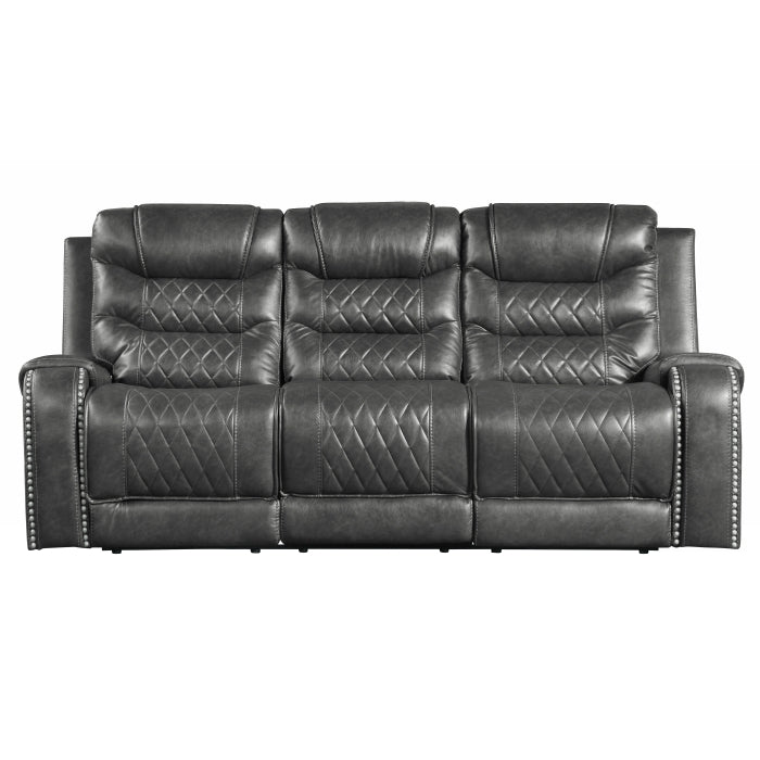 Putnam Double Reclining Sofa with Center Drop-Down Cup Holders, Receptacles and USB Ports (9405GY-3)