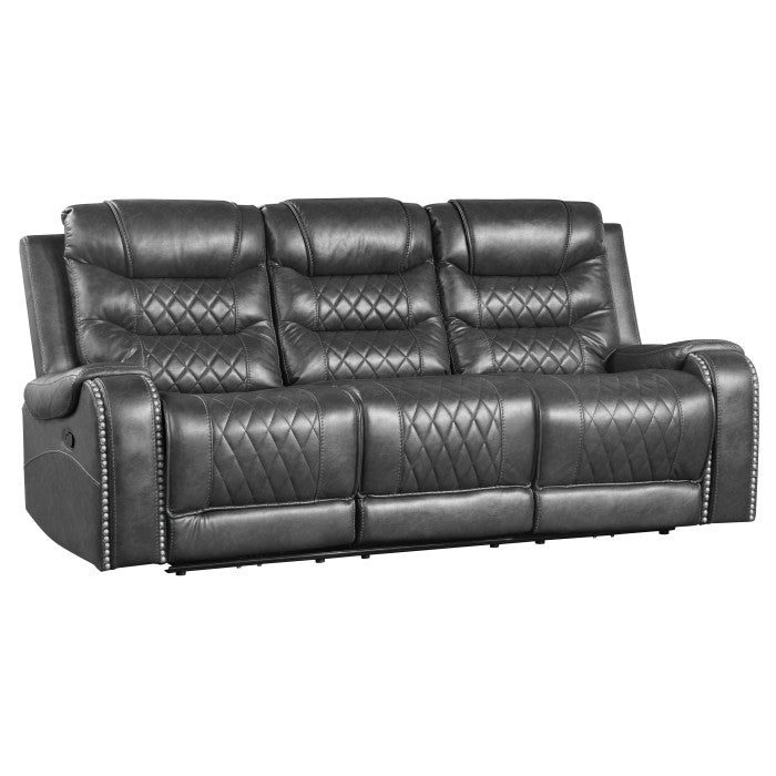 Putnam Double Reclining Sofa with Center Drop-Down Cup Holders, Receptacles and USB Ports (9405GY-3)