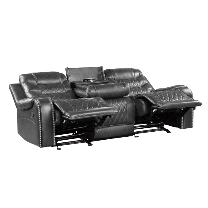 Putnam Double Reclining Sofa with Center Drop-Down Cup Holders, Receptacles and USB Ports (9405GY-3)