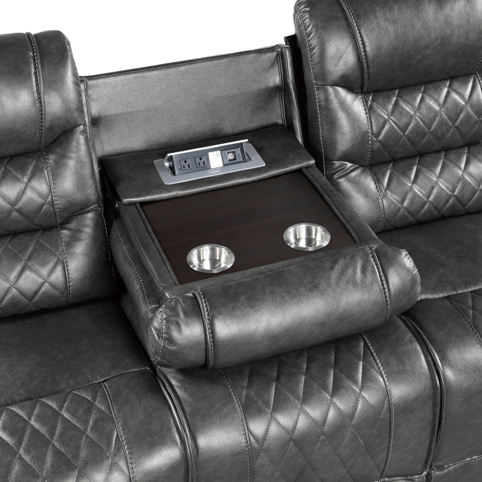 Putnam Double Reclining Sofa with Center Drop-Down Cup Holders, Receptacles and USB Ports (9405GY-3)