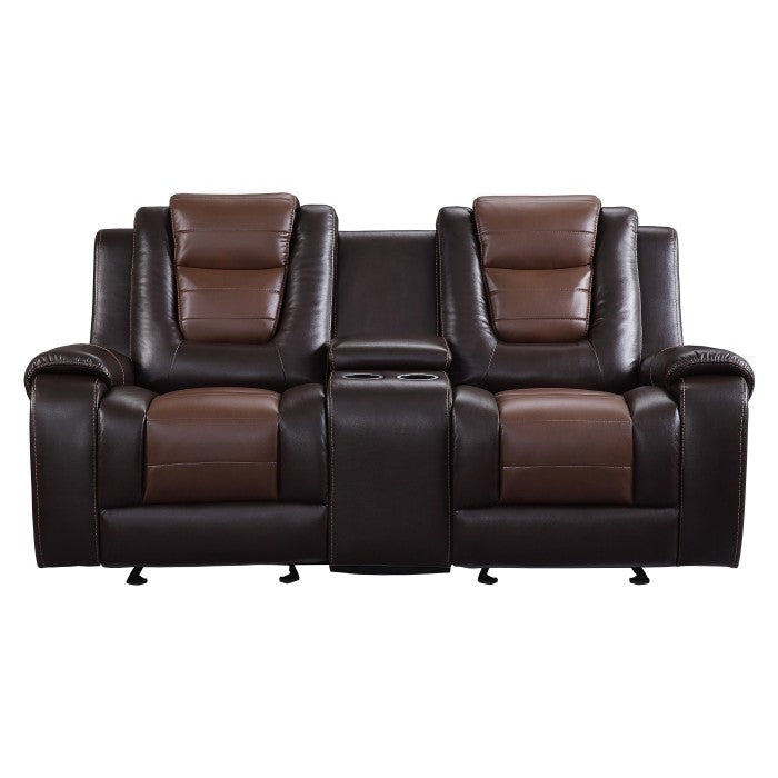 Briscoe 2-Tone (Light Brown And Dark Brown) Manual Reclining Loveseat — Briscoe Double Glider Reclining Love Seat with Center Console (9470BR-2)