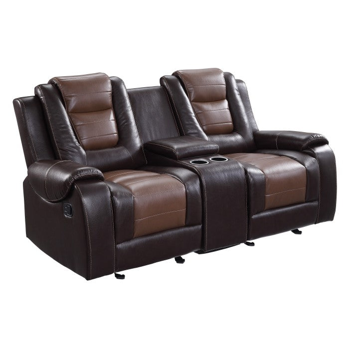 Briscoe 2-Tone (Light Brown And Dark Brown) Manual Reclining Loveseat — Briscoe Double Glider Reclining Love Seat with Center Console (9470BR-2)