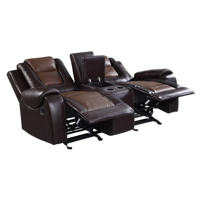Briscoe 2-Tone (Light Brown And Dark Brown) Manual Reclining Loveseat — Briscoe Double Glider Reclining Love Seat with Center Console (9470BR-2)