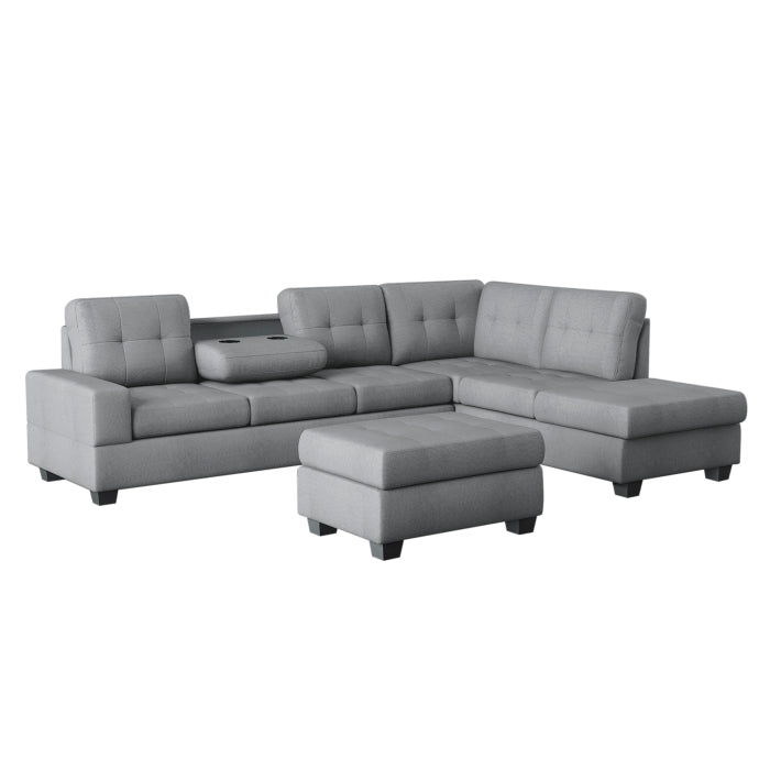 Maston 3-Piece Reversible Sectional with Drop-Down Cup Holders and Storage Ottoman (9507DGY*3OT)