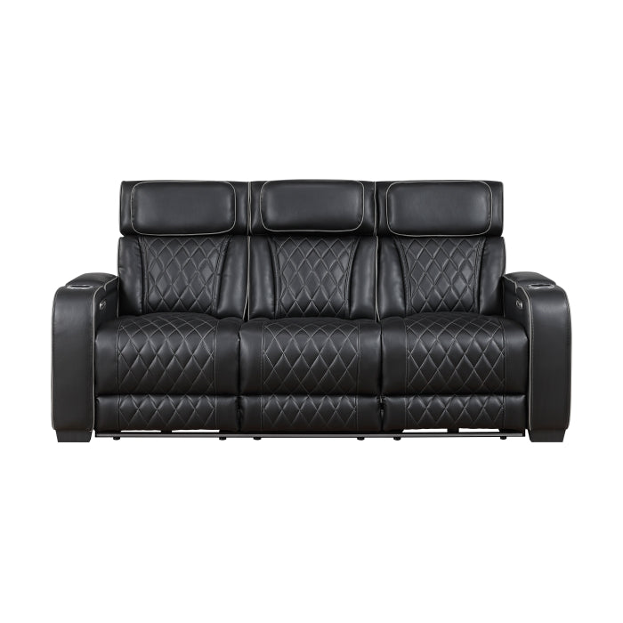 Fairway Power Double Reclining Sofa with Center Drop-Down Cup Holders, Power Headrests, Storage Arms(Top and Side), Cup holders and Reading Lights, Two Wireless Chargers, Charging Ports and LED Lighting (9516BLK-3PWH)