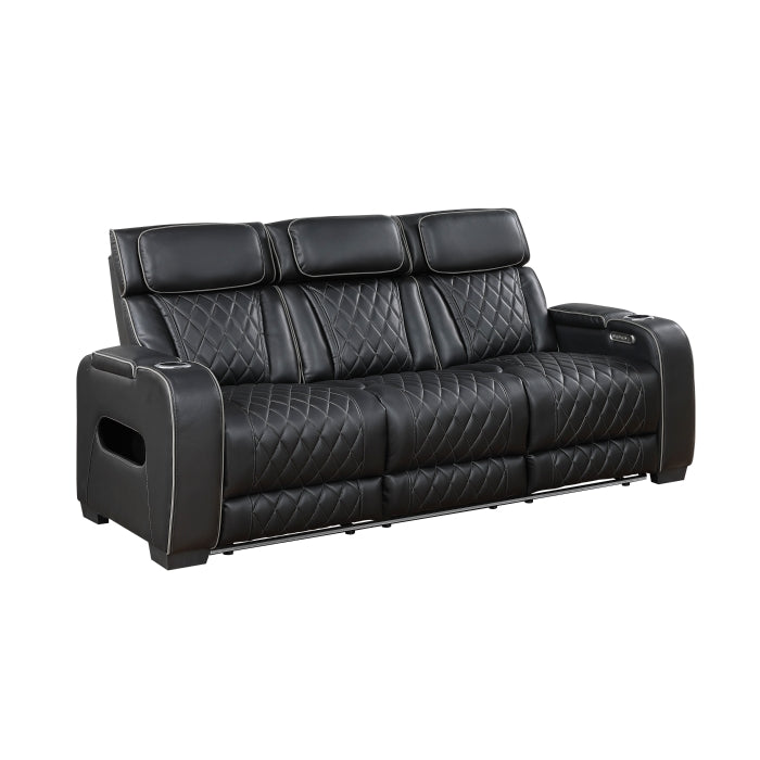 Fairway Power Double Reclining Sofa with Center Drop-Down Cup Holders, Power Headrests, Storage Arms(Top and Side), Cup holders and Reading Lights, Two Wireless Chargers, Charging Ports and LED Lighting (9516BLK-3PWH)