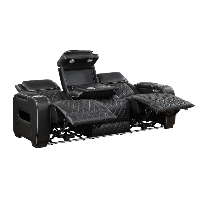 Fairway Power Double Reclining Sofa with Center Drop-Down Cup Holders, Power Headrests, Storage Arms(Top and Side), Cup holders and Reading Lights, Two Wireless Chargers, Charging Ports and LED Lighting (9516BLK-3PWH)