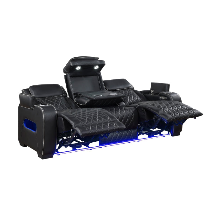 Fairway Power Double Reclining Sofa with Center Drop-Down Cup Holders, Power Headrests, Storage Arms(Top and Side), Cup holders and Reading Lights, Two Wireless Chargers, Charging Ports and LED Lighting (9516BLK-3PWH)