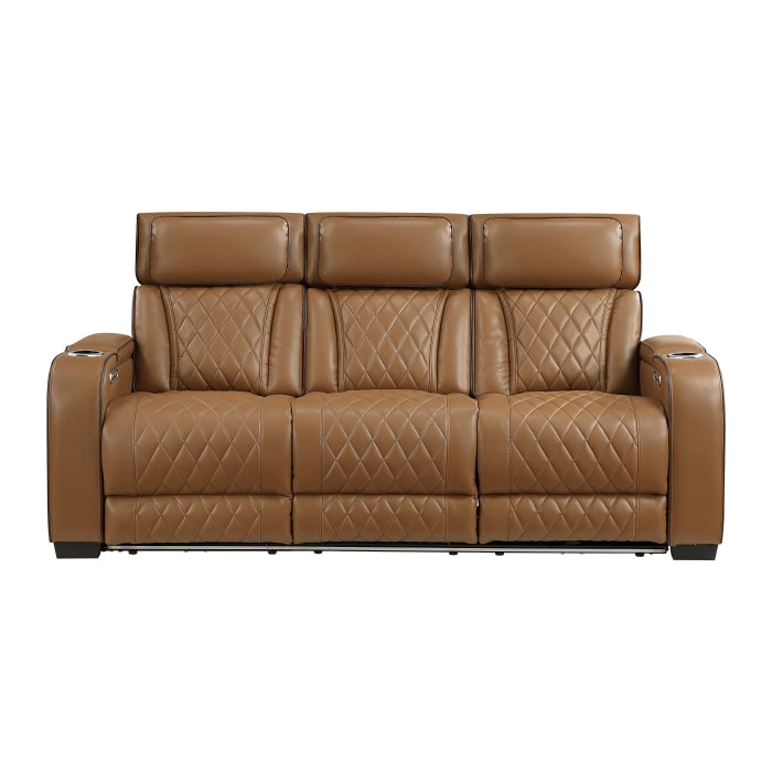 Fairway Power Double Reclining Sofa with Center Drop-Down Cup Holders, Power Headrests, Storage Arms(Top and Side), Cup holders and Reading Lights, Two Wireless Chargers, Charging Ports and LED Lighting (9516BRW-3PWH)