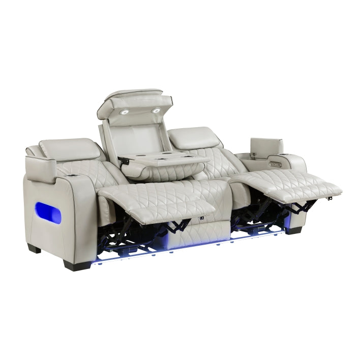 Fairway Power Double Reclining Sofa with Center Drop-Down Cup Holders, Power Headrests, Storage Arms(Top and Side), Cup holders and Reading Lights, Two Wireless Chargers, Charging Ports and LED Lighting (9516TPE-3PWH)