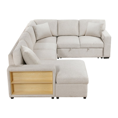 Pompano Sectional with Left Chaise, Pull-out Bed, Hidden Storages and Shelves, Charging Ports (9630BE*4LC2R)