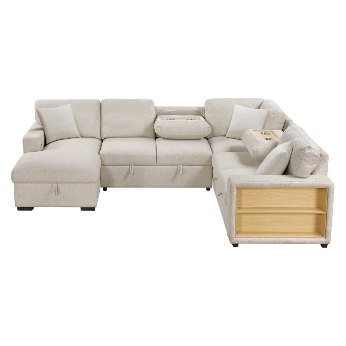 Pompano Sectional with Left Chaise, Pull-out Bed, Hidden Storages and Shelves, Charging Ports (9630BE*4LC2R)