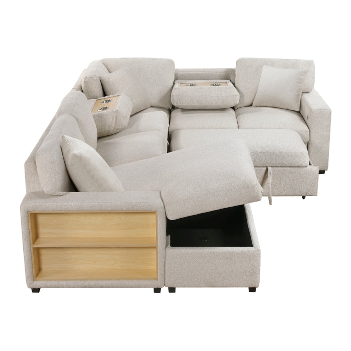 Pompano Sectional with Left Chaise, Pull-out Bed, Hidden Storages and Shelves, Charging Ports (9630BE*4LC2R)