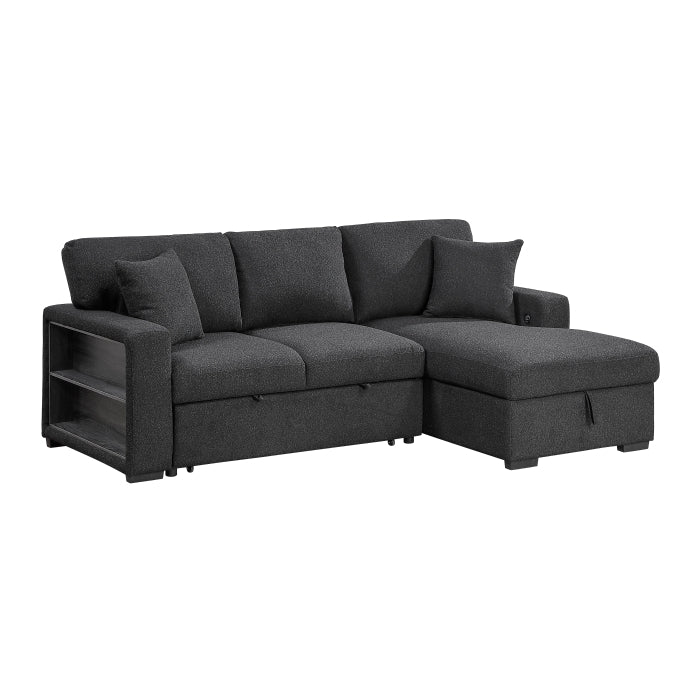 Pompano Sectional with Right Chaise, Pull-out Bed, Hidden Storage and Shelves, Charging Ports (9630BK*22LRC)