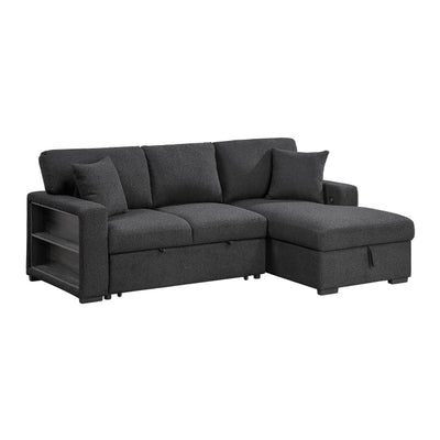 Pompano Sectional with Right Chaise, Pull-out Bed, Hidden Storage and Shelves, Charging Ports (9630BK*22LRC)
