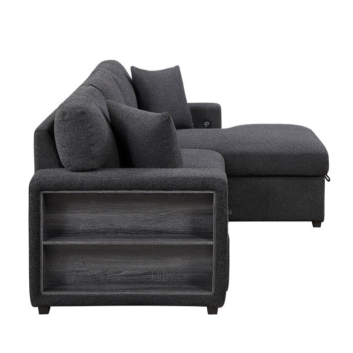 Pompano Sectional with Right Chaise, Pull-out Bed, Hidden Storage and Shelves, Charging Ports (9630BK*22LRC)