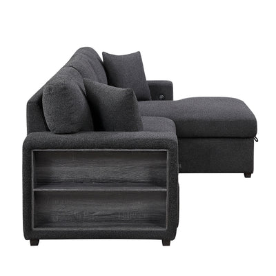 Pompano Sectional with Right Chaise, Pull-out Bed, Hidden Storage and Shelves, Charging Ports (9630BK*22LRC)