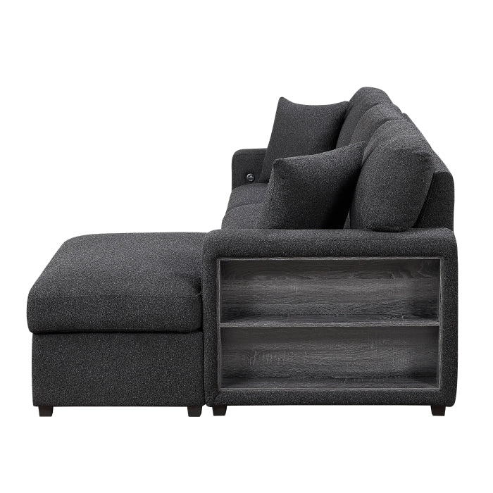 Pompano Sectional with Right Chaise, Pull-out Bed, Hidden Storage and Shelves, Charging Ports (9630BK*22LRC)