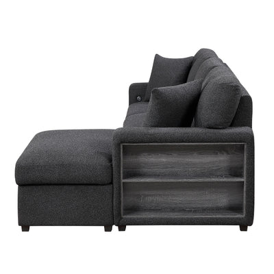 Pompano Sectional with Right Chaise, Pull-out Bed, Hidden Storage and Shelves, Charging Ports (9630BK*22LRC)