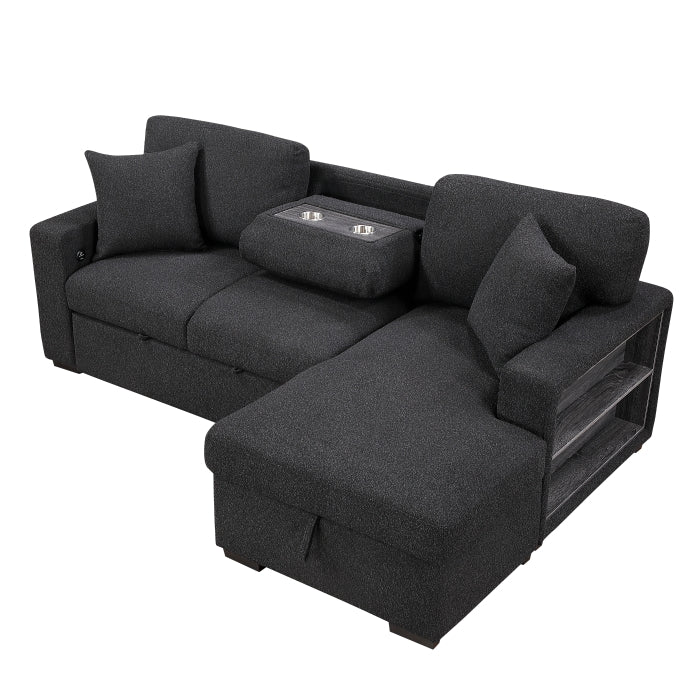Pompano Sectional with Right Chaise, Pull-out Bed, Hidden Storage and Shelves, Charging Ports (9630BK*22LRC)