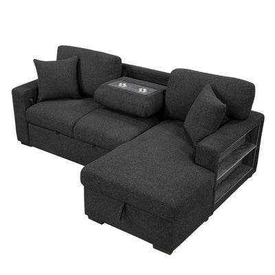Pompano Sectional with Right Chaise, Pull-out Bed, Hidden Storage and Shelves, Charging Ports (9630BK*22LRC)