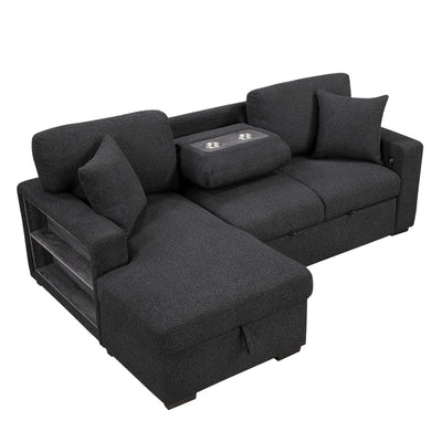 Pompano Sectional with Left Chaise, Pull-out Bed and Hidden Storage, Charging Ports (9630BK*2LC2R)