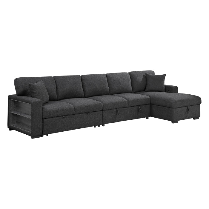 Pompano Sectional with Right Chaise, Pull-out Bed, Hidden Storages and Shelves, Charging Ports (9630BK*32LRC)