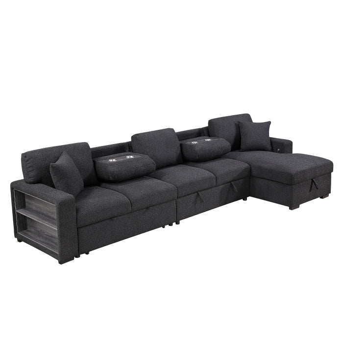 Pompano Sectional with Right Chaise, Pull-out Bed, Hidden Storages and Shelves, Charging Ports (9630BK*32LRC)