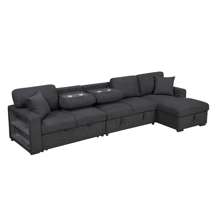 Pompano Sectional with Right Chaise, Pull-out Bed, Hidden Storages and Shelves, Charging Ports (9630BK*32LRC)